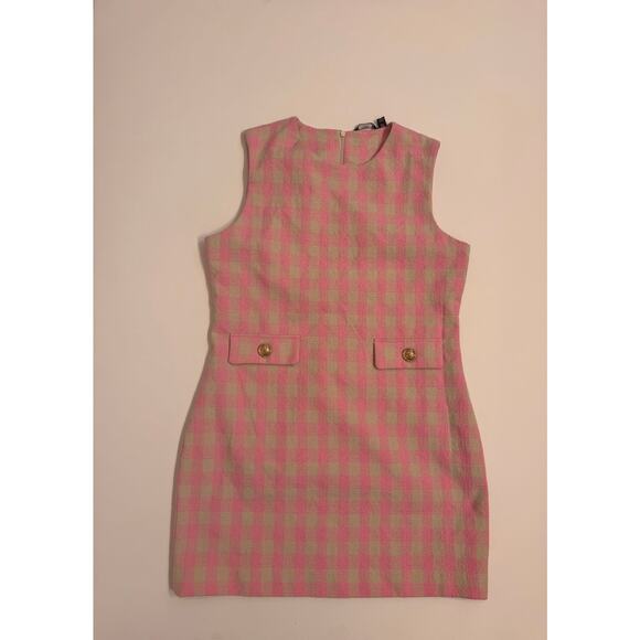 Vero Moda Women's Pink/Cream Gingham Gold Button Dress Short Zip Up Size 8 US - Picture 1 of 8